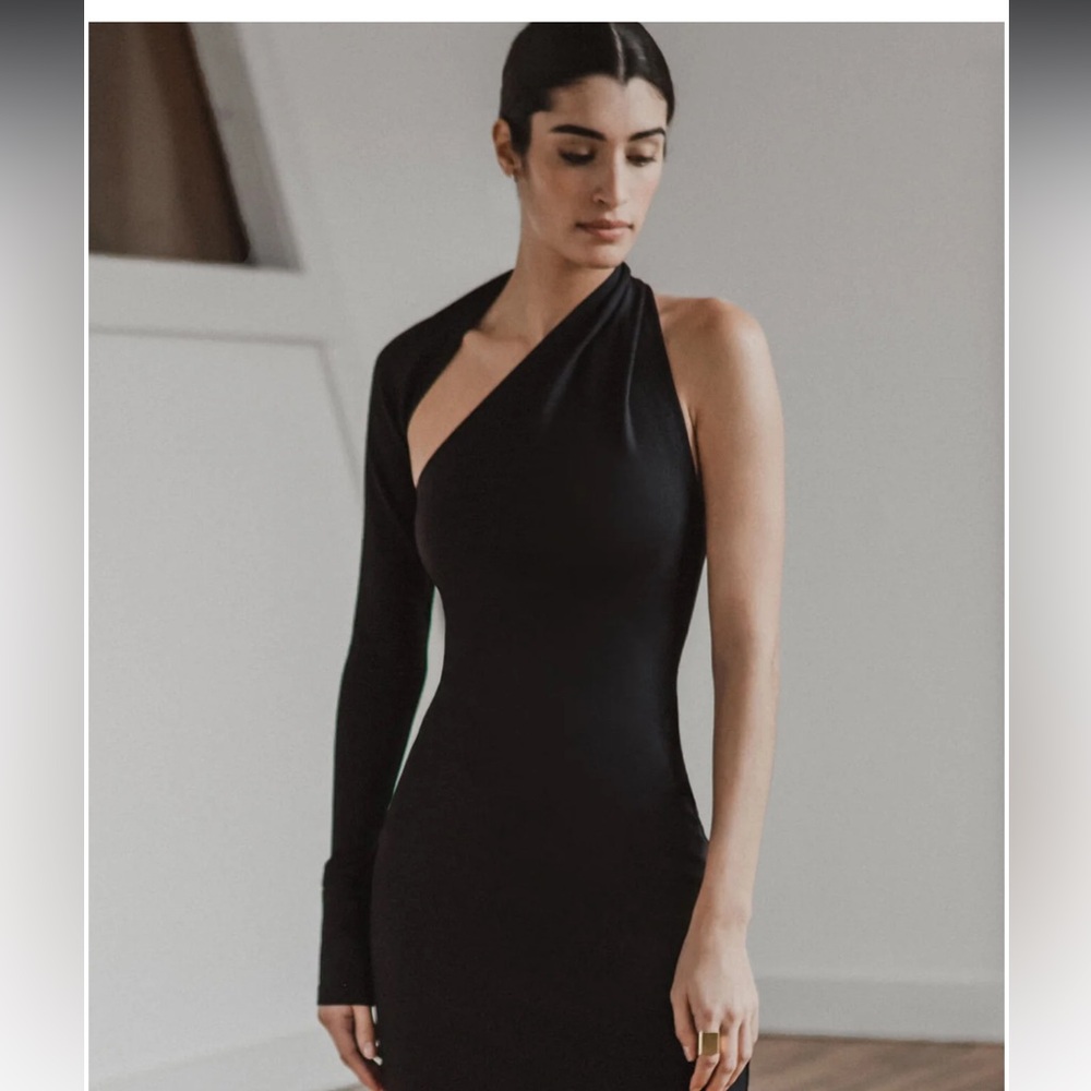 68. Marcella $158 Manhattan One-Shoulder Ponte Knit Gown Elegant Black Dress - Picture 3 of 5